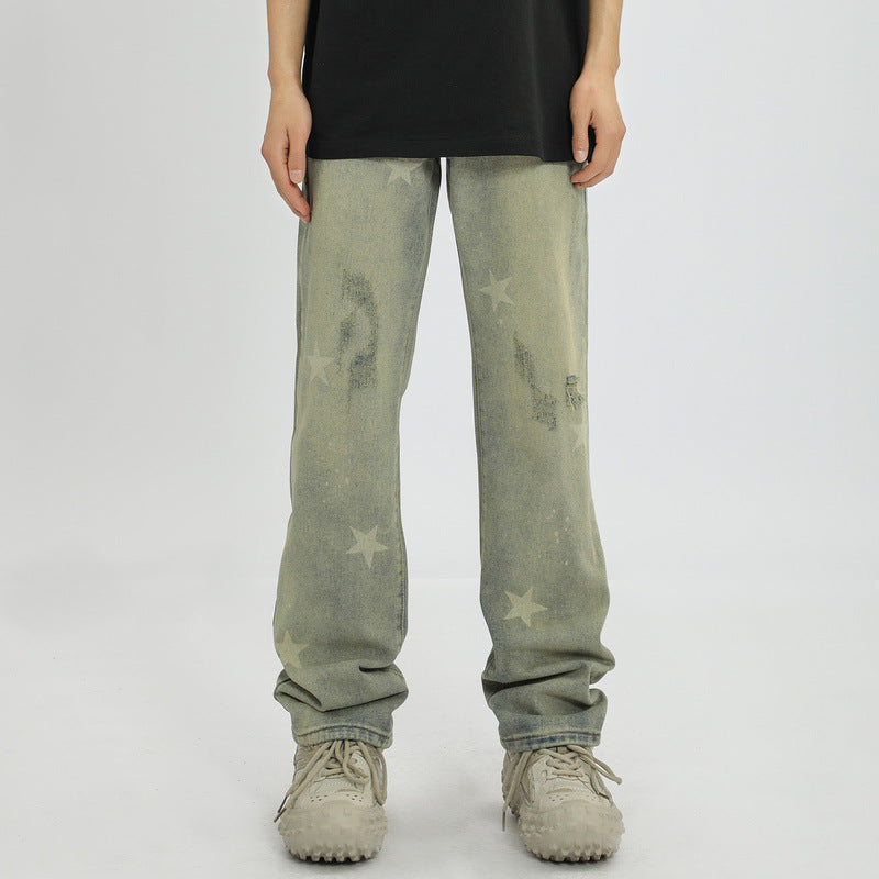 Men Jeans Vintage XINGX Printed Worn Looking Washed-out Jeans