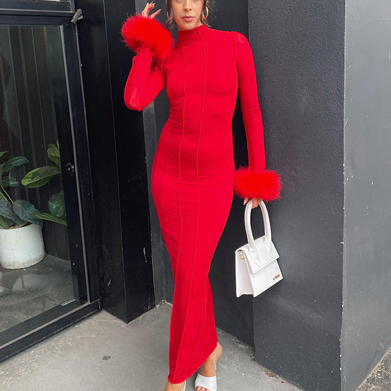 Women Dresse Stand Collar Tight Dress Sexy Backless Red Dress