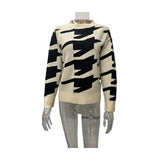 Women Knitted Sweater Autumn and Winter Houndstooth Knitted Sweater Women's round Neck Sweater Top