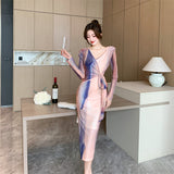 Women Maxi Dress Spring/Summer V-neck Long Sleeve Mesh Dress