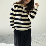 Women Winter Knitted Sweater Autumn and Winter Striped Sweater Lapel Sweater Casual Polo Collar 8t6723