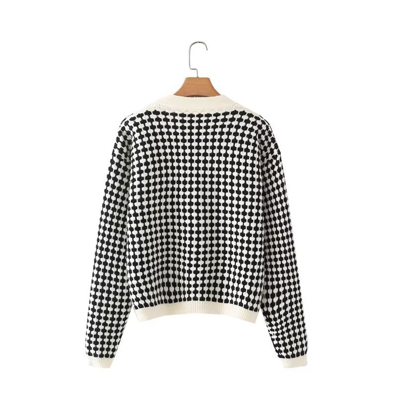 Women Sweater Knitwear Autumn Checkered Loose V-neck Knitted Cardigan Short Sweater