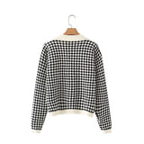 Women Sweater Knitwear Autumn Checkered Loose V-neck Knitted Cardigan Short Sweater