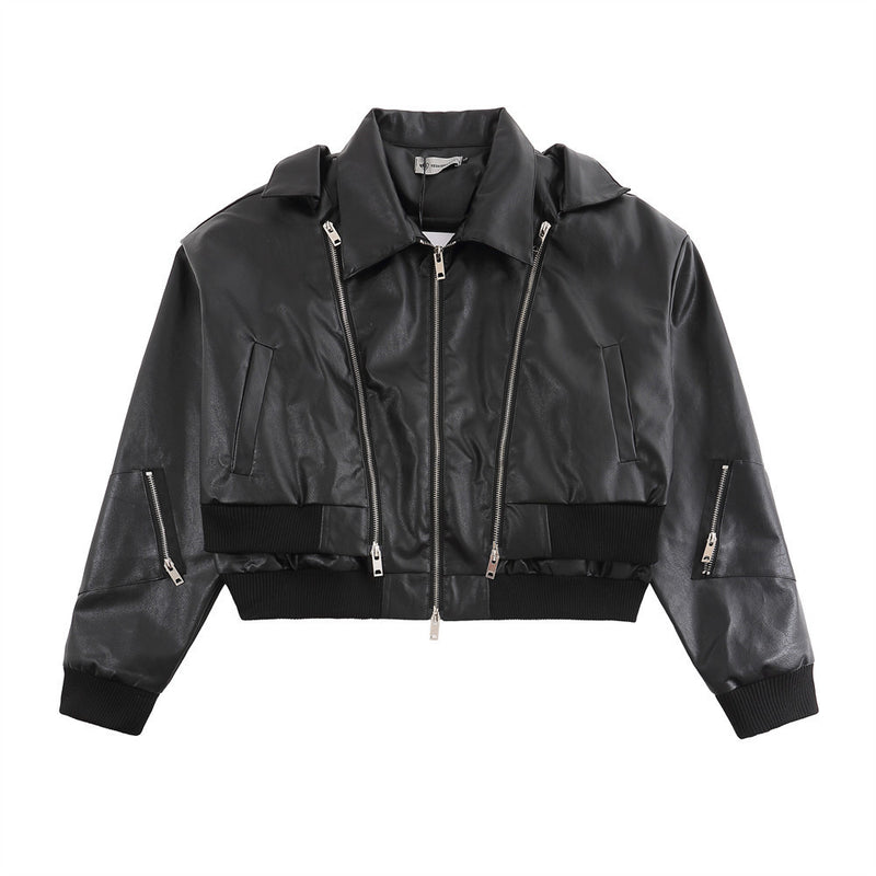 Women Jacket Ribbed Short Leather Jacket Women Zipper Jacket Coat