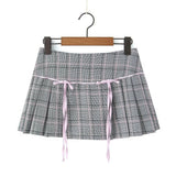 Women Skirt Summer Bow Plaid Pleated Skirt