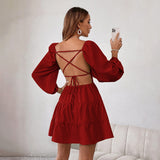 Women Dress Sexy Backless Puff Sleeve Dress