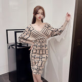 Women Maxi Dress Autumn and Winter V-neck Knitted Dress Package Hip Sweater Dress