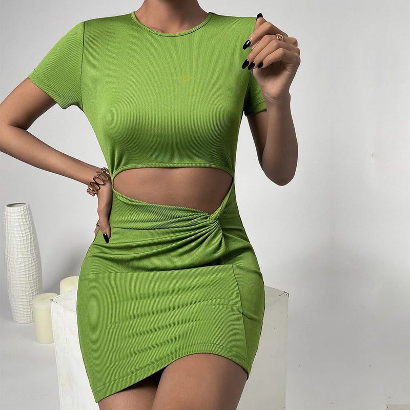 Women Dress Spring and Summer Sexy Hollow Sheath Knitted I Short Sleeve Dress