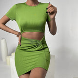 Women Dress Spring and Summer Sexy Hollow Sheath Knitted I Short Sleeve Dress