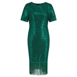 Women Date Dress round Neck Vintage Sequined Tassel Evening Dress