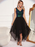 Women Evening Gown Sexy Retro Chiffon Stitching Green Sequins Dress