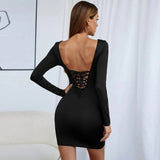 Women Dress Spring and Summer Sexy Hollow-out Slim-Fit Sheath Knitted Long-Sleeved Dress