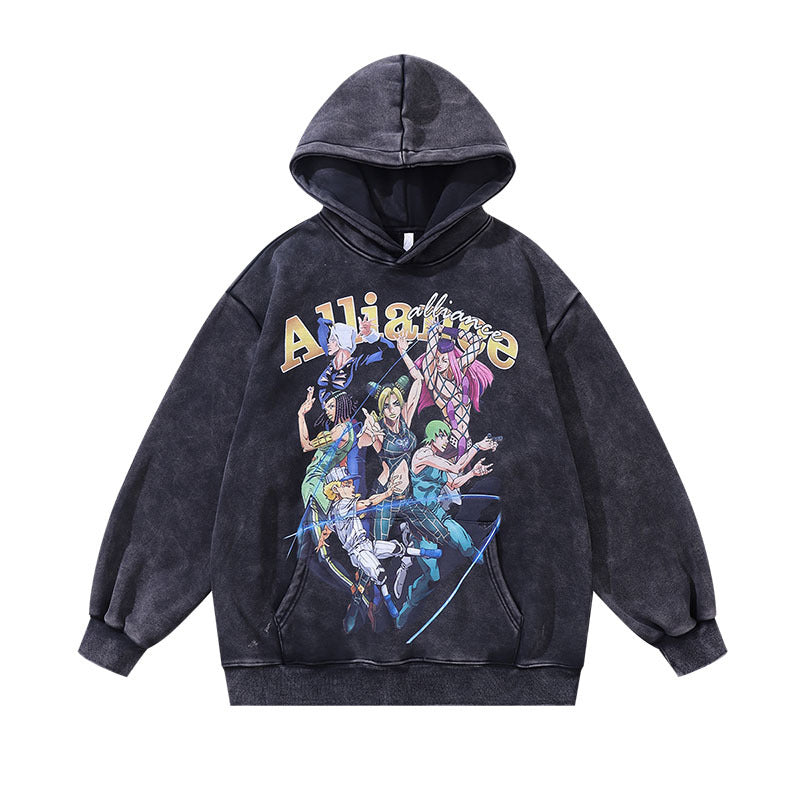Men Hoodie Cartoon Velvet Padded Hooded Sweatshirt Loose Washed-out Couple Hoodies