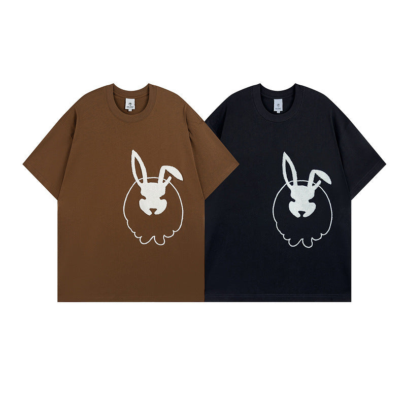 Men T Shirt Spring and Summer Retro Rabbit Contrast Color Embroidered Short Sleeve T-shirt