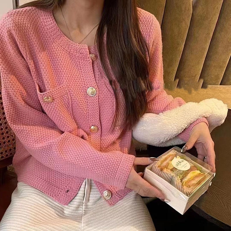 Women Knitwear Autumn Winter Retro Crew Neck Sweater Slim-Fit Knitted Cardigan