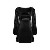 Women Dress Square Collar Long Sleeve Skirt