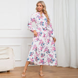 Women Date Dress Autumn Long Sleeve Lace Stand Collar Belt Long Dress