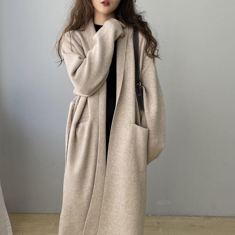 Women Cardigan Sweater Baggy Coat Lapel Cardigan Coat Mid-Length Sweater 8t7237
