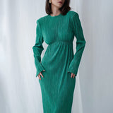 Women Dress Spring round Neck Pleated Long Sleeve Dress Sheath Dress