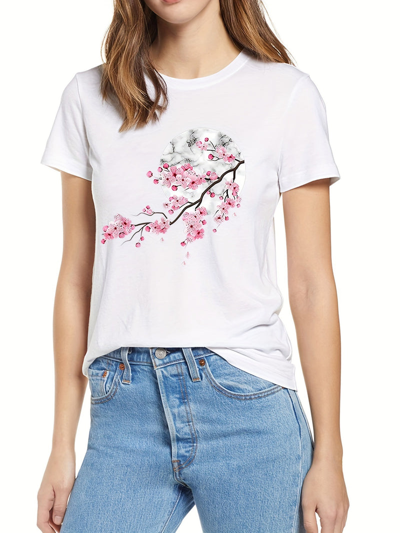 Floral Print Crew Neck T-Shirt, Casual Short Sleeve T-Shirt