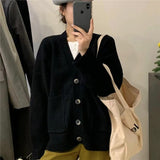 Women Knitted Cardigan V-neck Sweater Women Large Loose Pockets