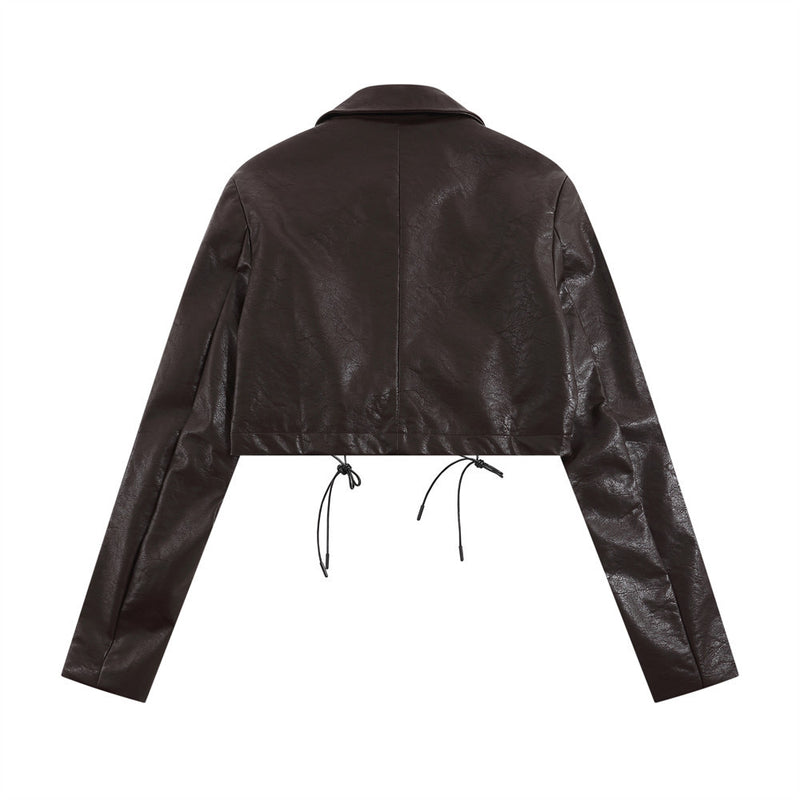 Women Jacket Drawstring Lace Short PU Leather Jacket Lapel Button Long Sleeve Solid Color Leather Jacket