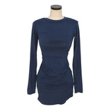 Women Dresses Dark Blue round Neck Dress Long Sleeve Short Dress Sexy