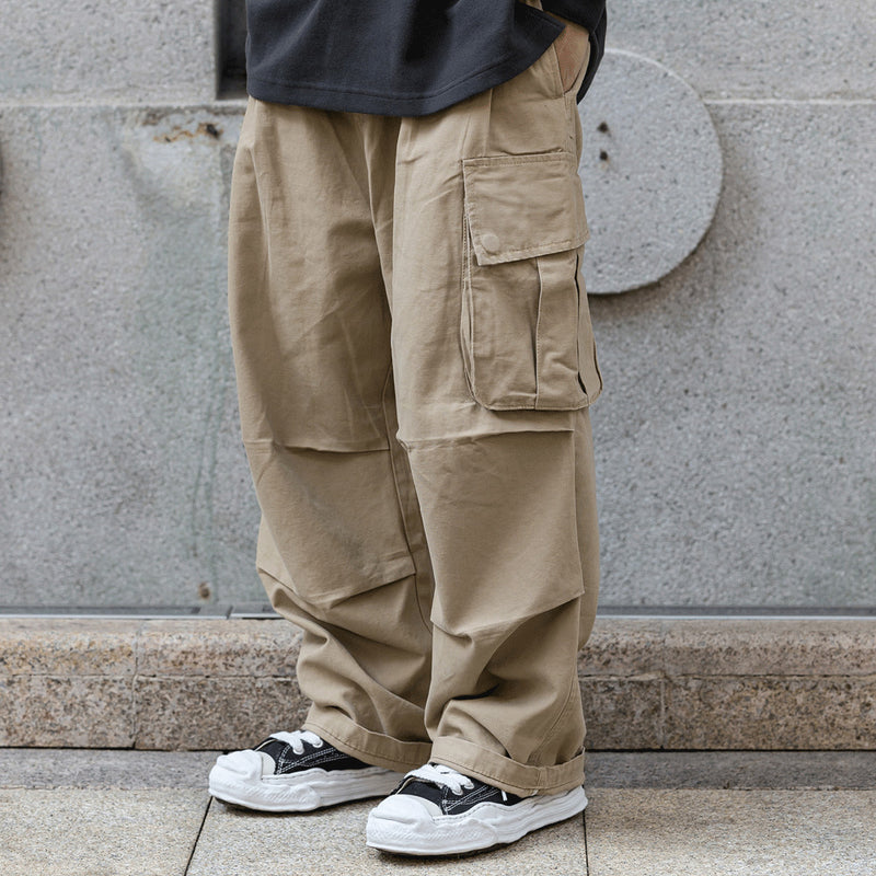 Men Sweatpants Amekaji Solid Color Multi-Pocket Cargo Pants Straight-Leg Trousers