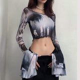Women T-shirt Summer round Neck Pullover Horn Long Sleeves Cropped Casual