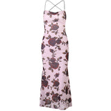 Women Dresses Sexy Sling Backless Rose Print Maxi Dress