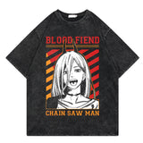 Washed retro T-shirt, chainsaw man cartoon print casual short sleeves