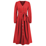Women Date Dress Single-Breasted Cardigan Skirt V-neck Bubble Long Sleeve Dress