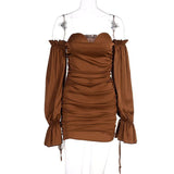 Women Dresses Autumn Winter Sexy off-the-Shoulder Lantern Sleeve Ruffle Hip Dress (Bla0420)