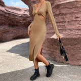 Women Dress Autumn Winter Sexy Hollow-out Slim-Fit Sheath Long-Sleeved Dress