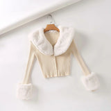 Women Sweater Knitwear Vintage Sweater Cardigan Women's Detachable Fur Collar Single-Breasted Short Knitted Top
