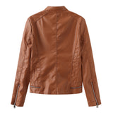 Red Leather Jacket Casual Leather Jacket Spring and Autumn Women's Leather Jacket Long Sleeve Zipped Stand Collar Coat