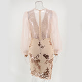 Women Evening Gown Sexy Mesh Long Sleeve Stitching Sequins Dress