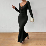 Women Dress U-Neck Slim Fit Long Sleeve Narrow Dress