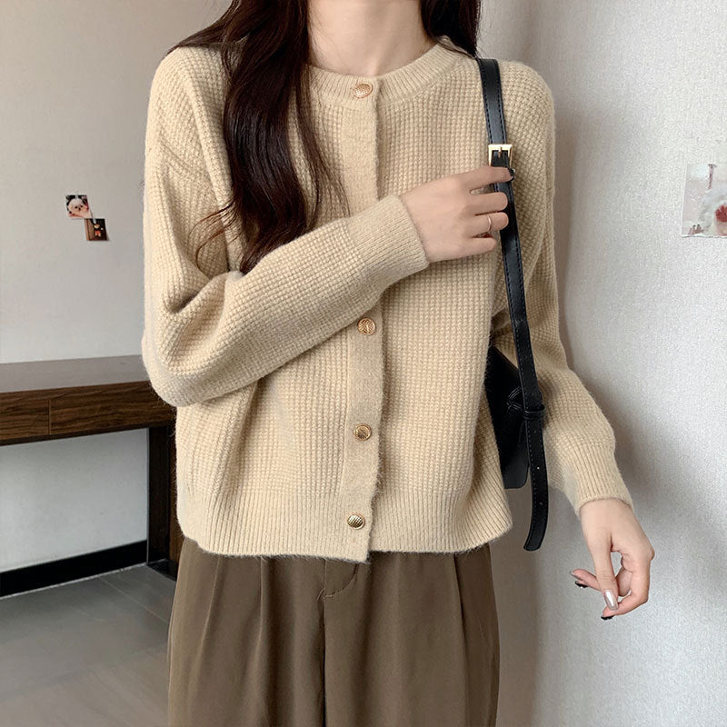 Women Knitted Cardigan round Neck Knitted Cardigan Autumn Winter Retro Thickened Sweater Coat