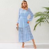 Women Date Dress Autumn Winter Sexy Long Sleeve round Neck Lace Long Dress Dress