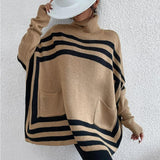 Women Knitted Sweater Turtleneck Striped Cape and Shawl Sweater Coat