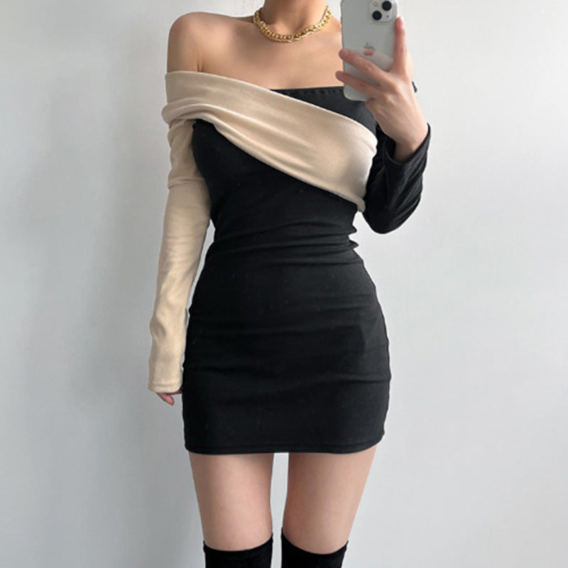 Women Dresses off-Shoulder Long Sleeve Dress Hip Skirt