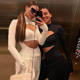 Women Jumpsuit Spring Sexy Hollow out Zipped round Neck Long Sleeve Jumpsuit