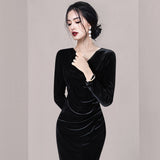 Women Maxi Dress Autumn and Winter V-neck Black Dress Sheath Pleuche Dress