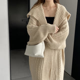 Women Cardigan Sweater Autumn Sweater Coat Lapel Loose Long Sweater W2353
