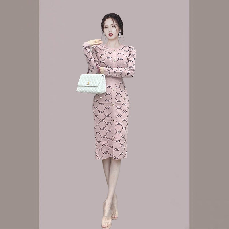 Women Maxi Dress Autumn and Winter Long Sleeve Narrow Woolen Skirt Knitted Dress