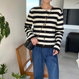 Women Cardigan Sweater Striped Sweater Cardigan Autumn round Neck Long Sleeve Top Women 8t7282