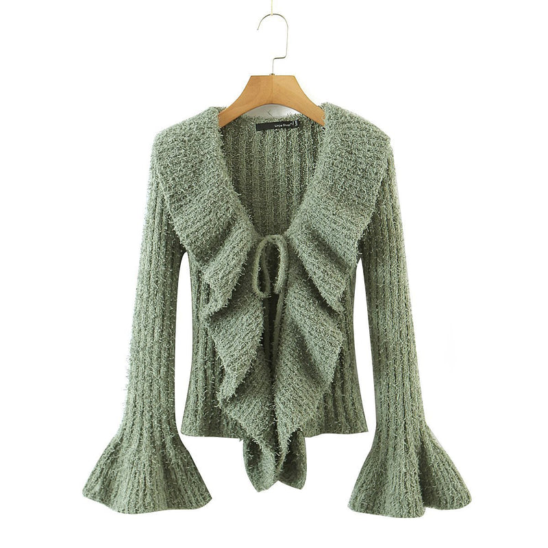 Women Sweater Knit Wear Large Wave Lapel Knitted Cardigan Ruffled Flared Sleeve Sweater