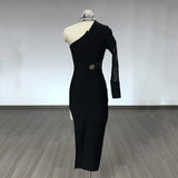 Women's Evening Dress Bandage Dress One Shoulder Lace Slit Dress Long Sleeve Tight Skirt