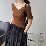 Women Knitted T-shirt V-neck Short-Sleeved Sweater Slim T-shirt